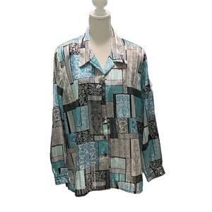 Alia Button Down Blouse Blue Silver Geo Metallic Semi Sheer Stripes Sz 20W
